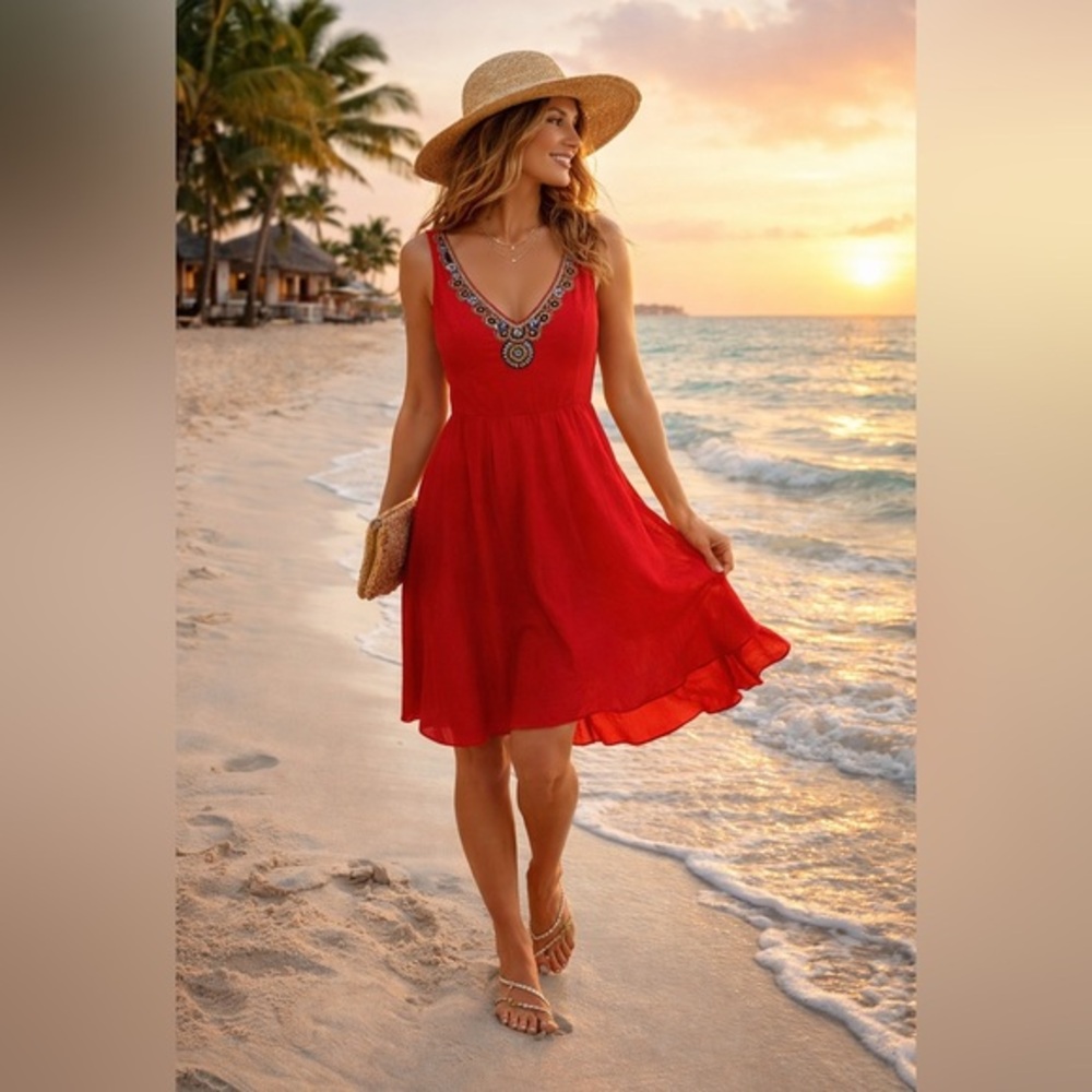 Alexia Admor Red Embellished V-Neck Fit & Flare Boho Statement Dress Size L